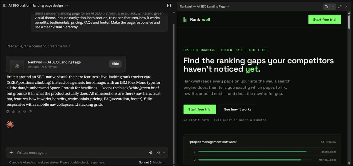 Claude AI interface showing content writing and SEO research results